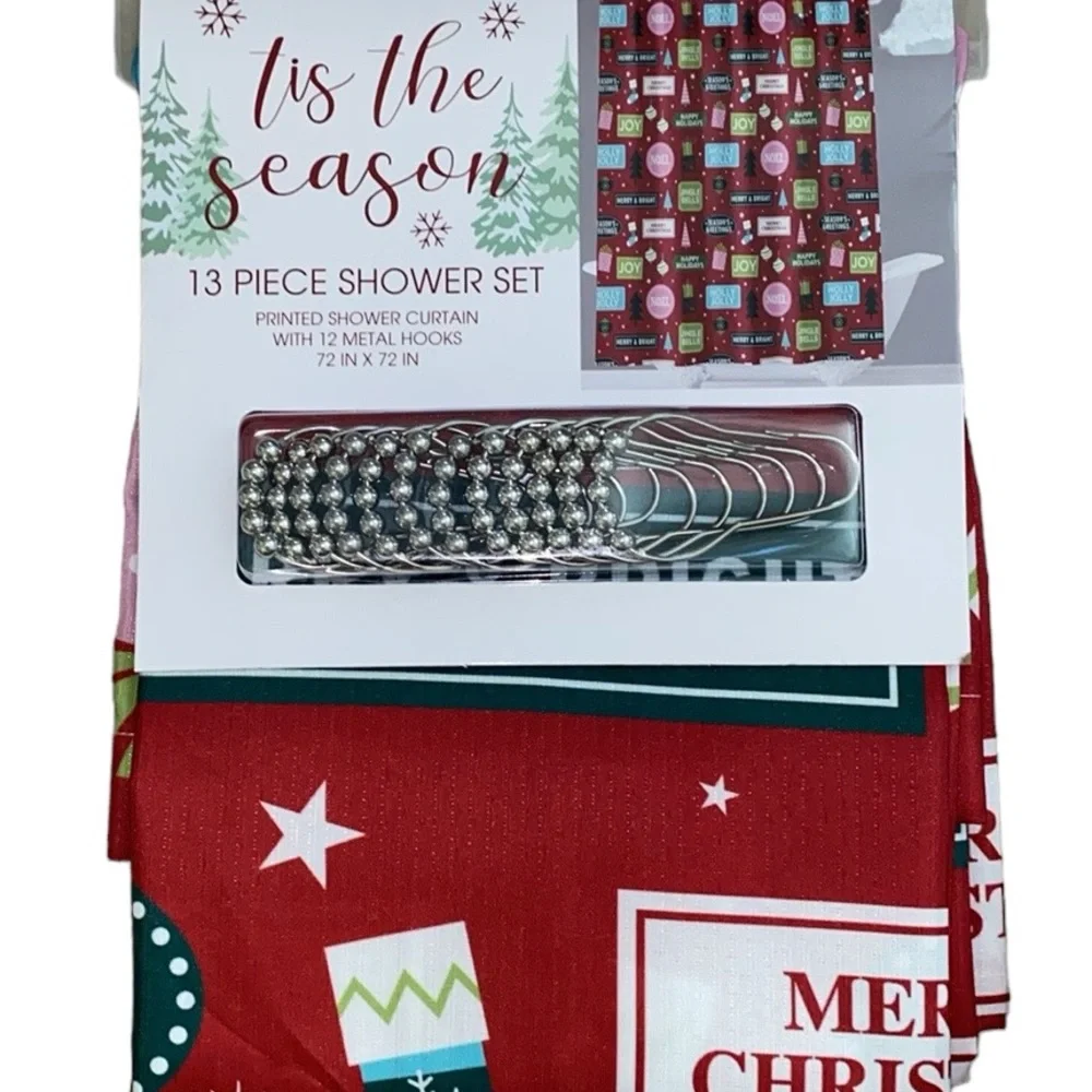 NEW Christmas shower curtain & 12 hooks - Picture 1 of 7